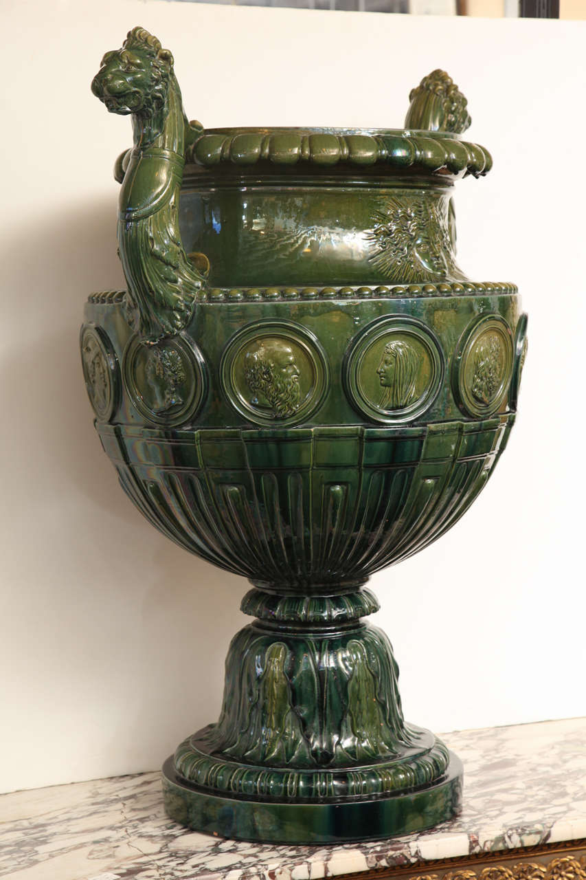 19th Century English, Heroic Sized Majolica Glazed Urn 5