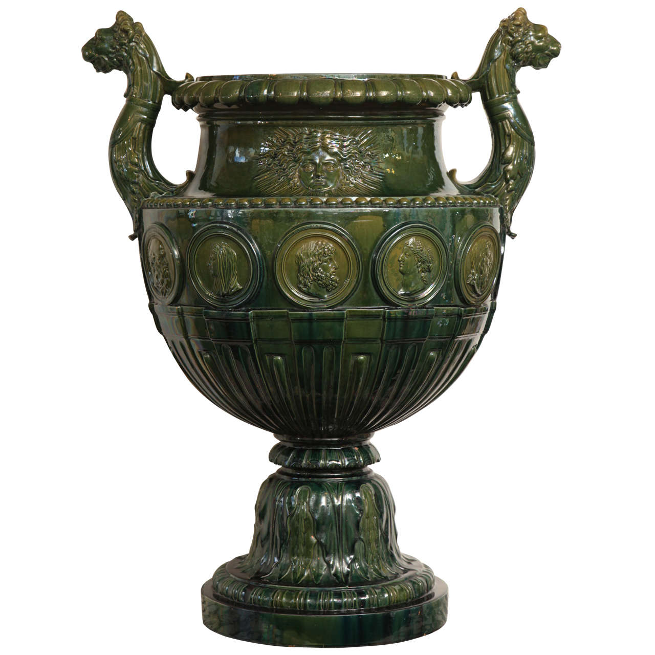 19th Century English, Heroic Sized Majolica Glazed Urn