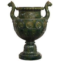 19th Century English, Heroic Sized Majolica Glazed Urn