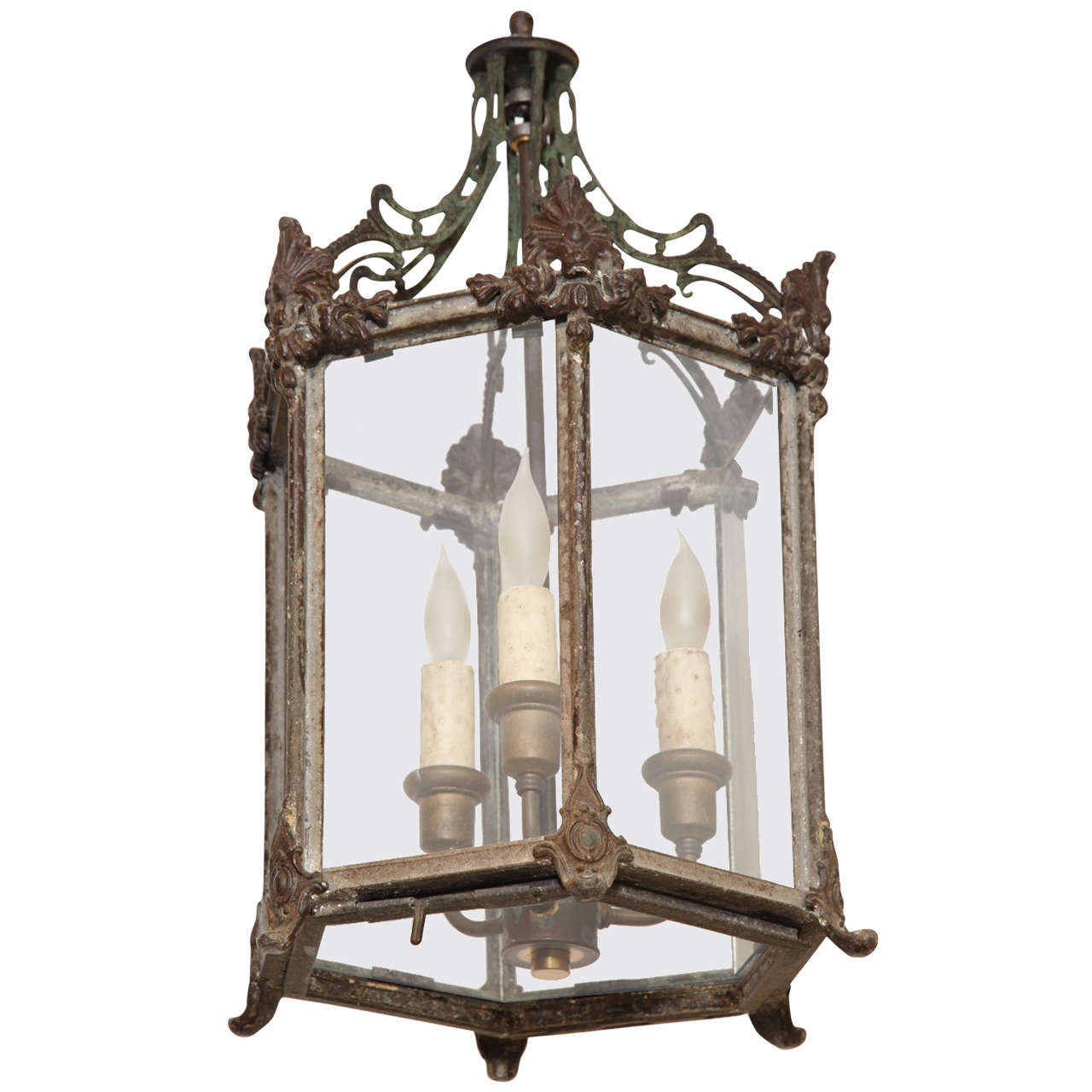19th Century English, Iron, Three Light Lantern For Sale