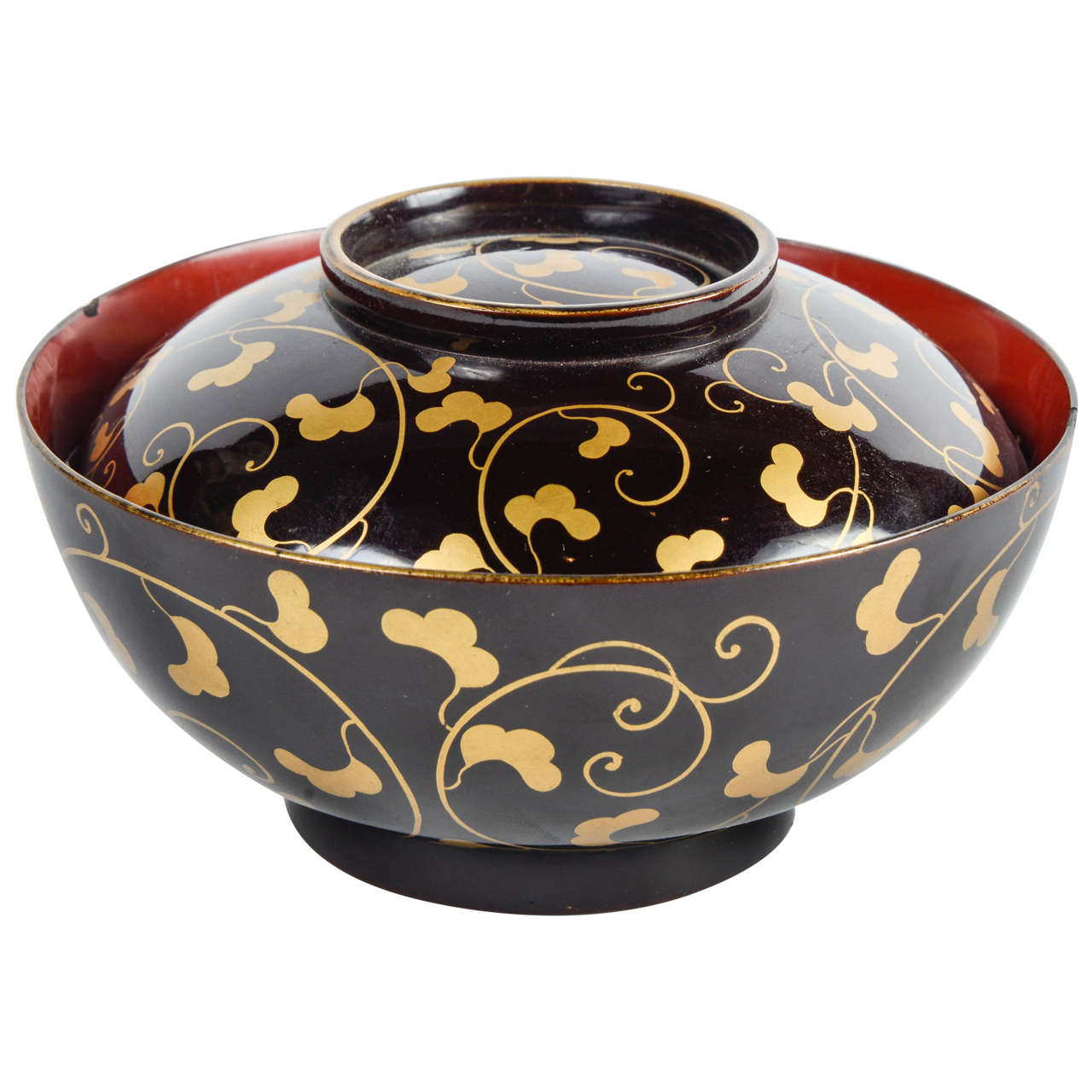 Japanese Black and Gold Laquered Covered Bowl For Sale