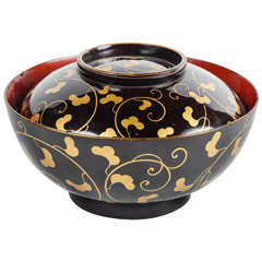 Japanese Black and Gold Laquered Covered Bowl