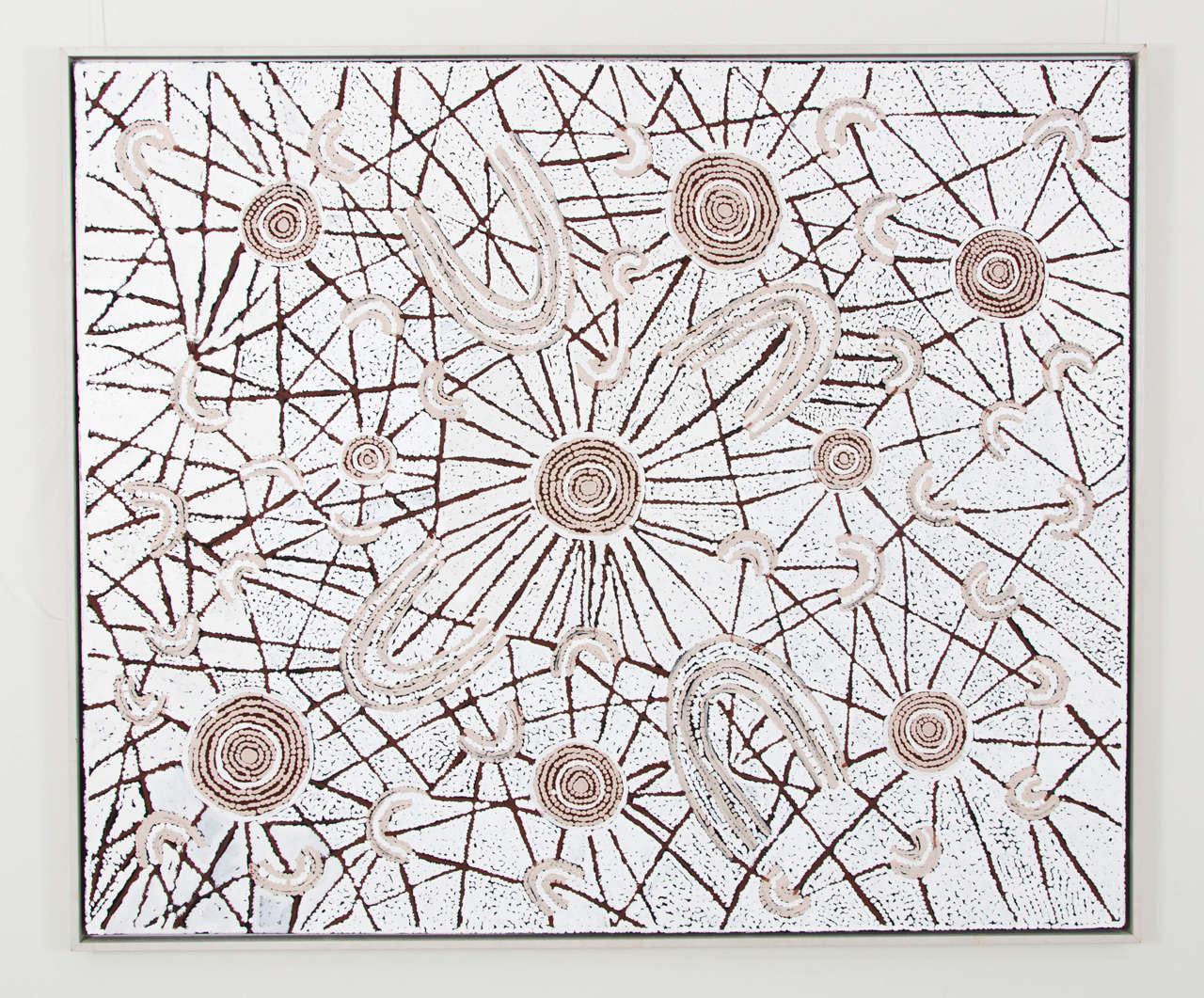 Lloyd Kwilla "Jumuwarnti (Many Waterholes)," Natural Ochres on canvas.

Contemporary Australian Aboriginal Art.

In the desert regions of Australia, water and waterholes have played an important role in the evolution of the lifestyles