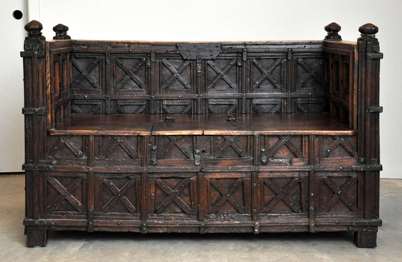 Anglo-Indian Damchiya Hope Chest Bench or Settee.  These Chests were designed to hold the bride’s dowry and then to store precious silks, linens and valuables. This is a rare one at it is hidden beneath the cushions in the seat of the bench.