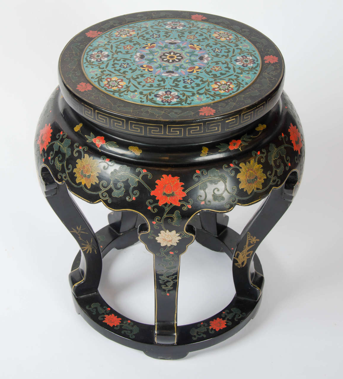 20th century Chinese Black Lacquered Side Table with Cloisonné Top (Chinoiserie)