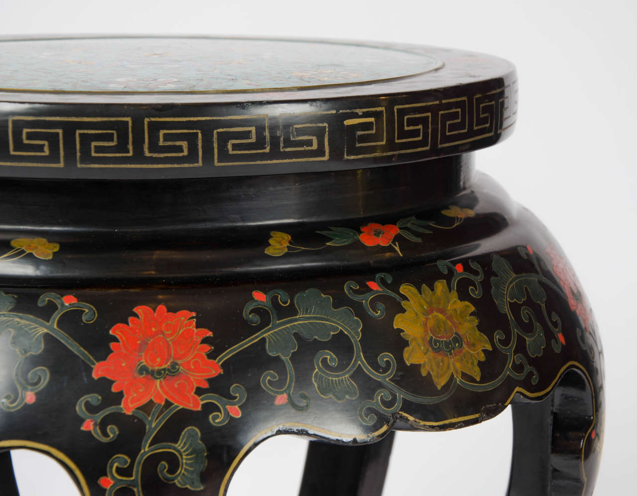 Enamel 20th century Chinese Black Lacquered Side Table with Cloisonné Top