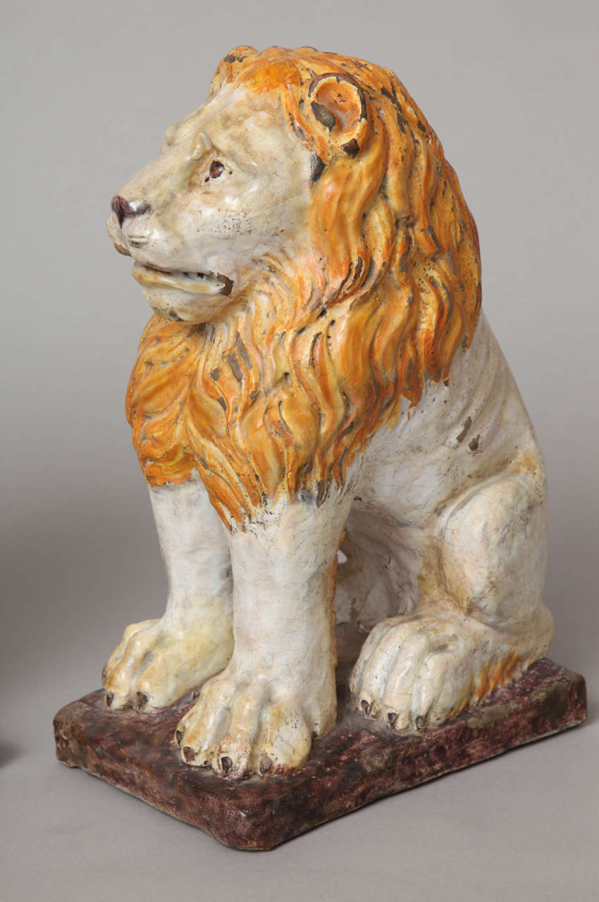 Renaissance Pair of Polychromed Majolica Lion Sculptures For Sale