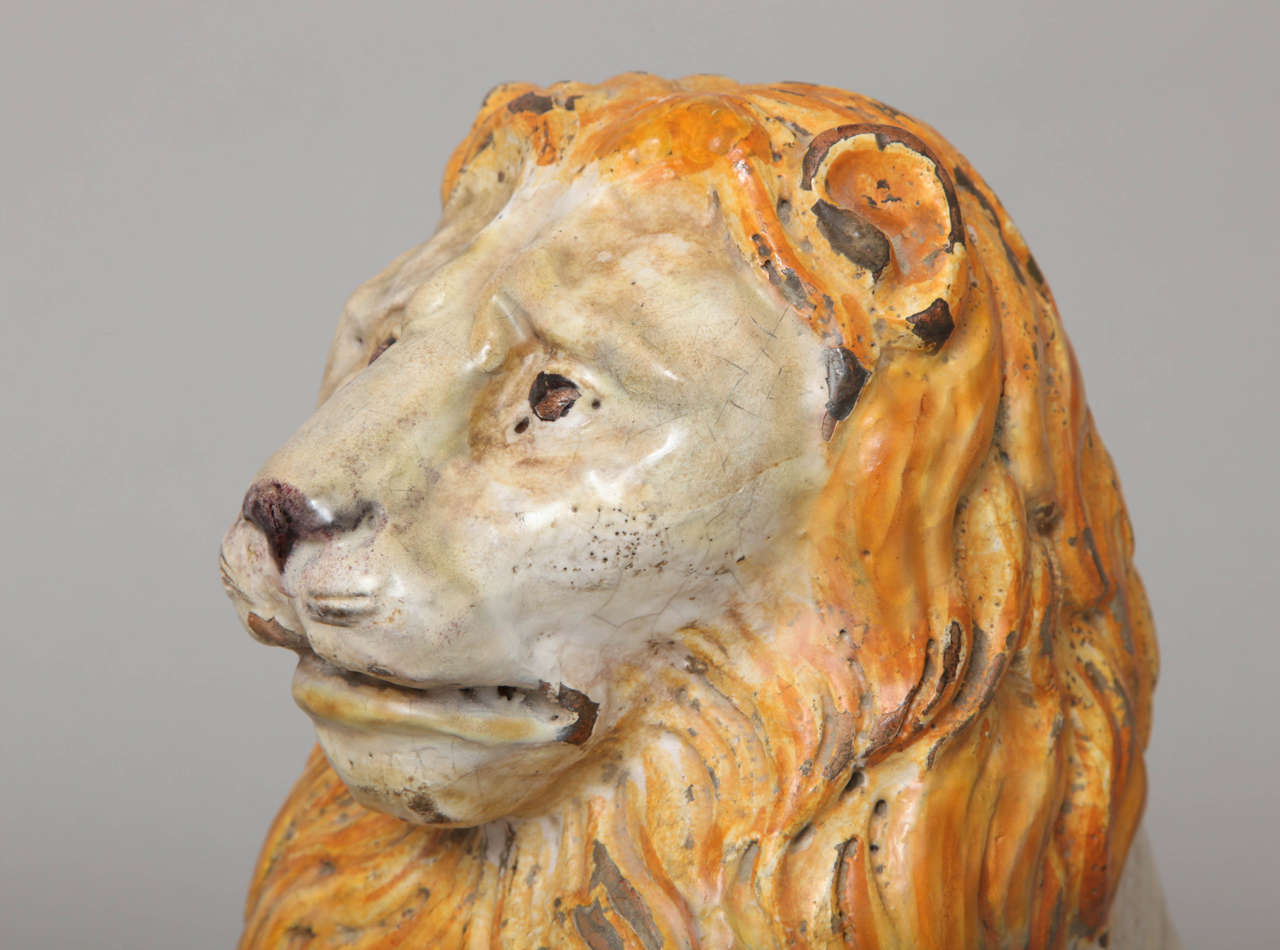 Italian Pair of Polychromed Majolica Lion Sculptures For Sale