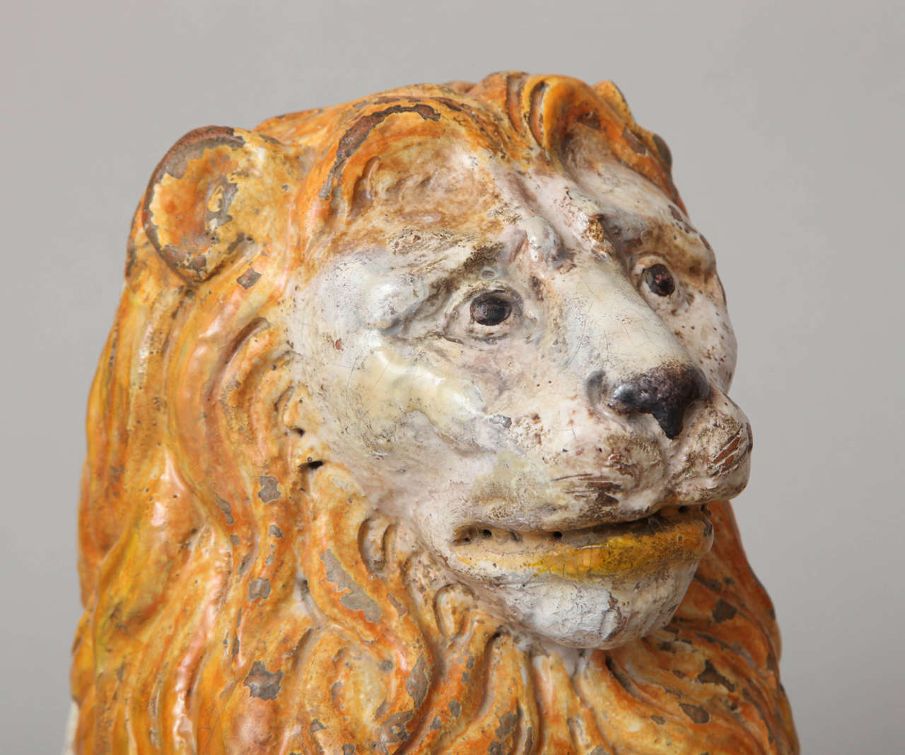 Painted Pair of Polychromed Majolica Lion Sculptures For Sale