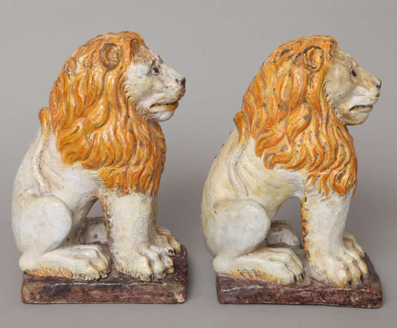 18th Century and Earlier Pair of Polychromed Majolica Lion Sculptures For Sale