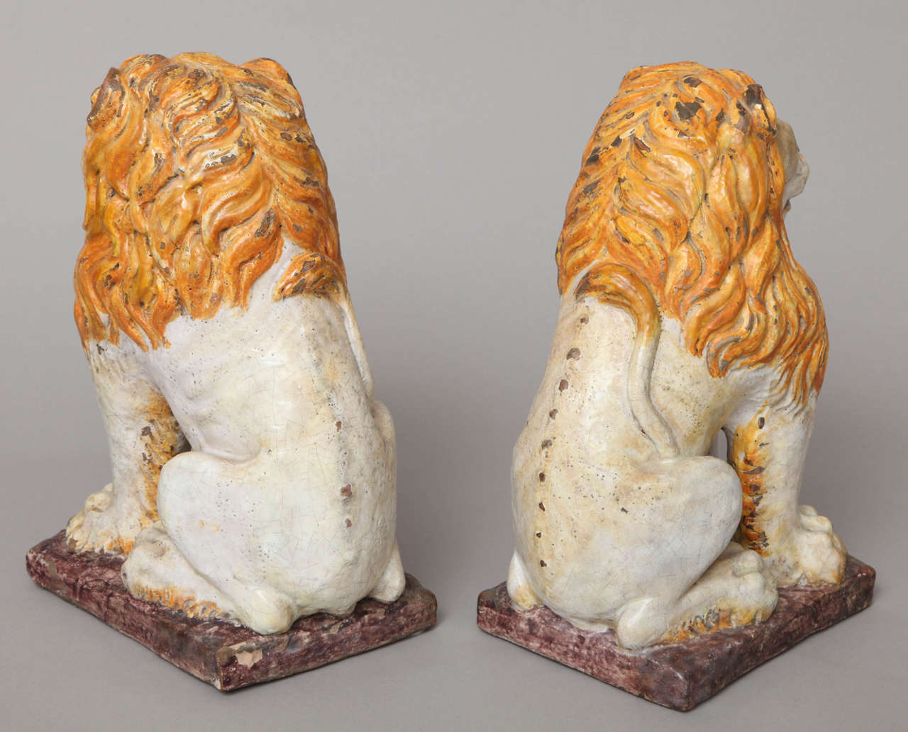 Pair of Polychromed Majolica Lion Sculptures For Sale 2