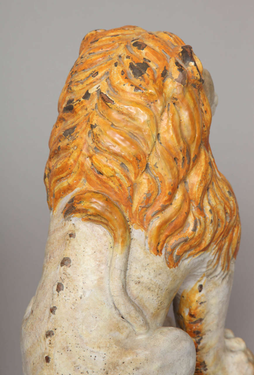Pair of Polychromed Majolica Lion Sculptures For Sale 3
