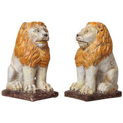 Antique Pair of Polychromed Majolica Lion Sculptures