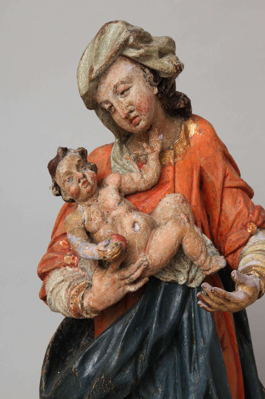 Baroque German 17th Century Sculpture of Polychrome Wood of the Madonna and Child For Sale