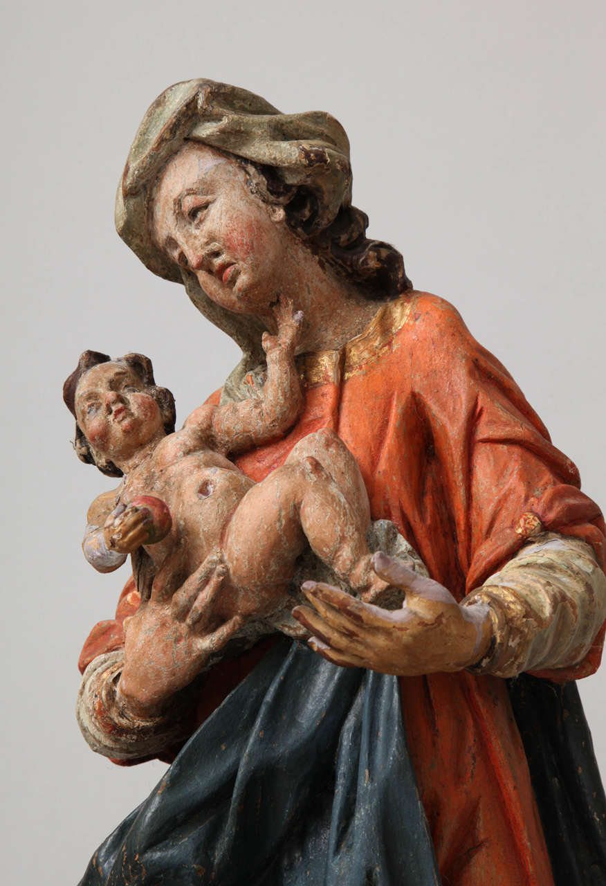 Carved German 17th Century Sculpture of Polychrome Wood of the Madonna and Child For Sale