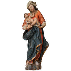 German 17th Century Sculpture of Polychrome Wood of the Madonna and Child