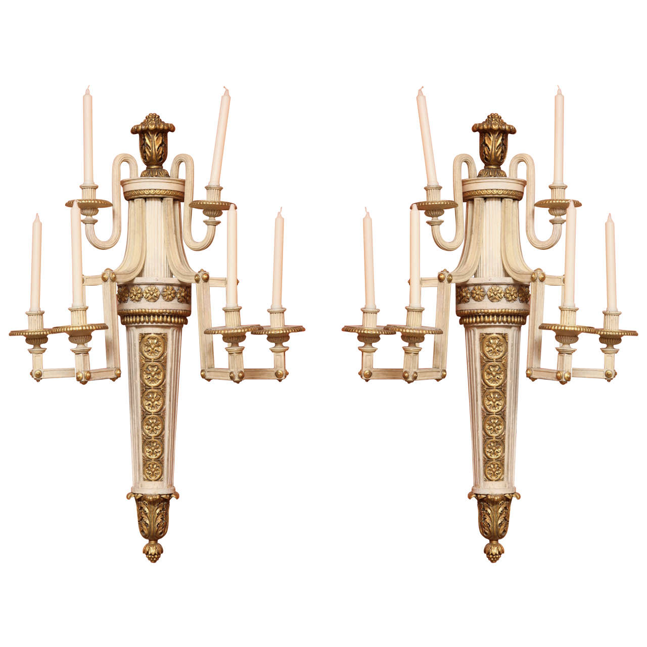 Very Unusual and Large Pair of Louis XVI Painted and Gilded Sconces For Sale