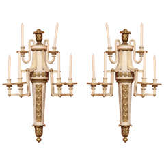 Very Unusual and Large Pair of Louis XVI Painted and Gilded Sconces