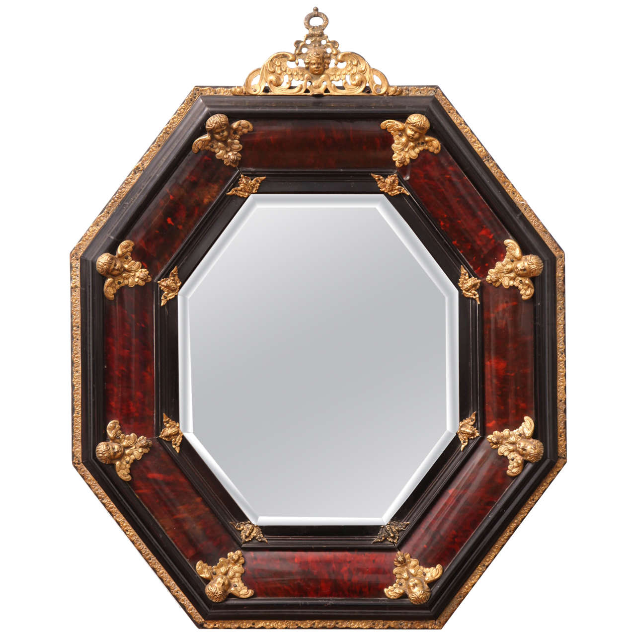 Tortoiseshell Octagonal Mirror with Applied Gilded Bronze Putti For Sale