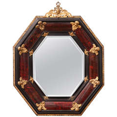 Antique Tortoiseshell Octagonal Mirror with Applied Gilded Bronze Putti