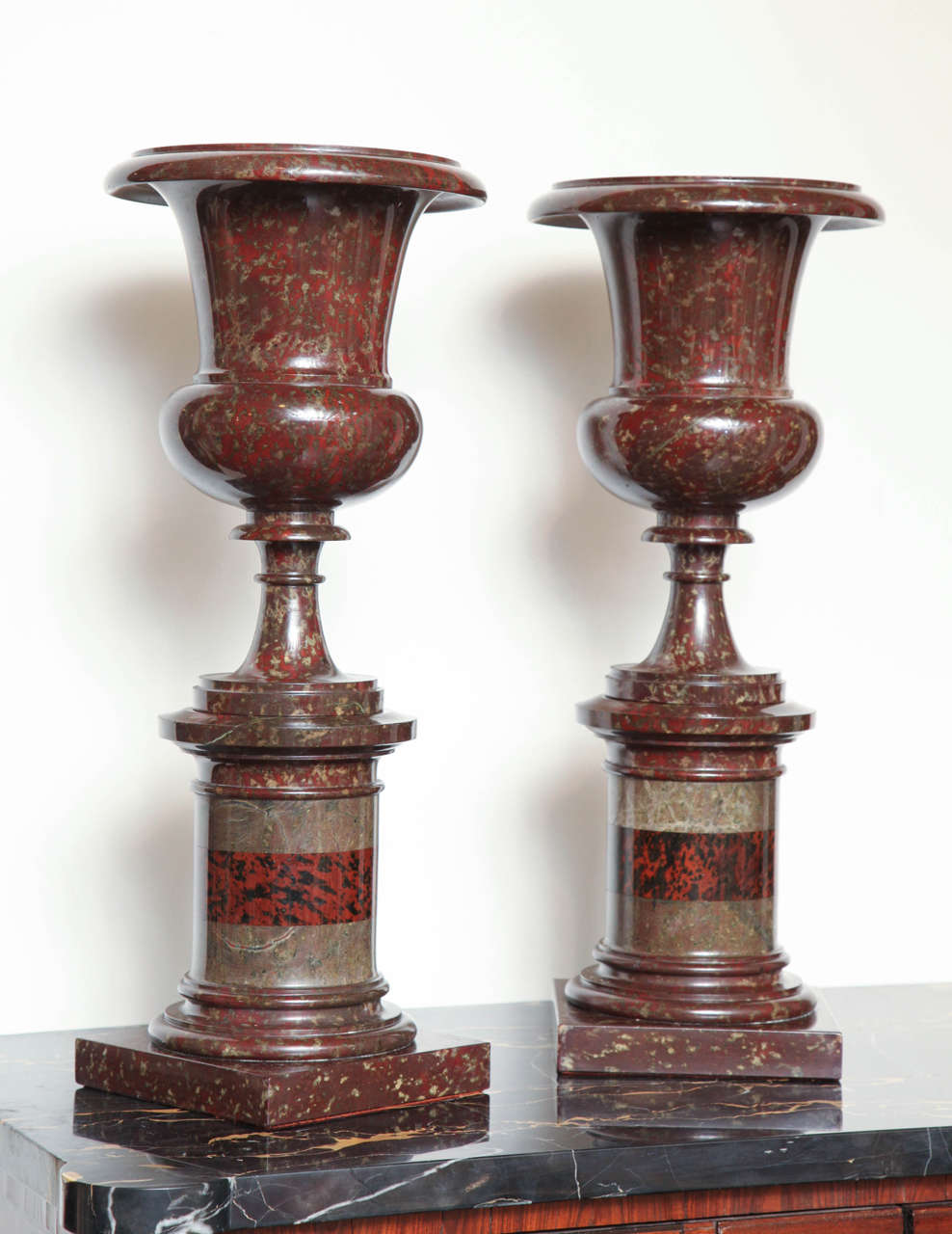 An exceptional pair of 19th century serpentine urns, formerly lamps and can be easily converted to same. 