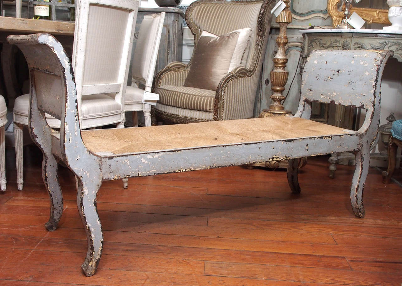 19th century Swedish bench  Gustavian style painted in blue with canning seat. Original paint.