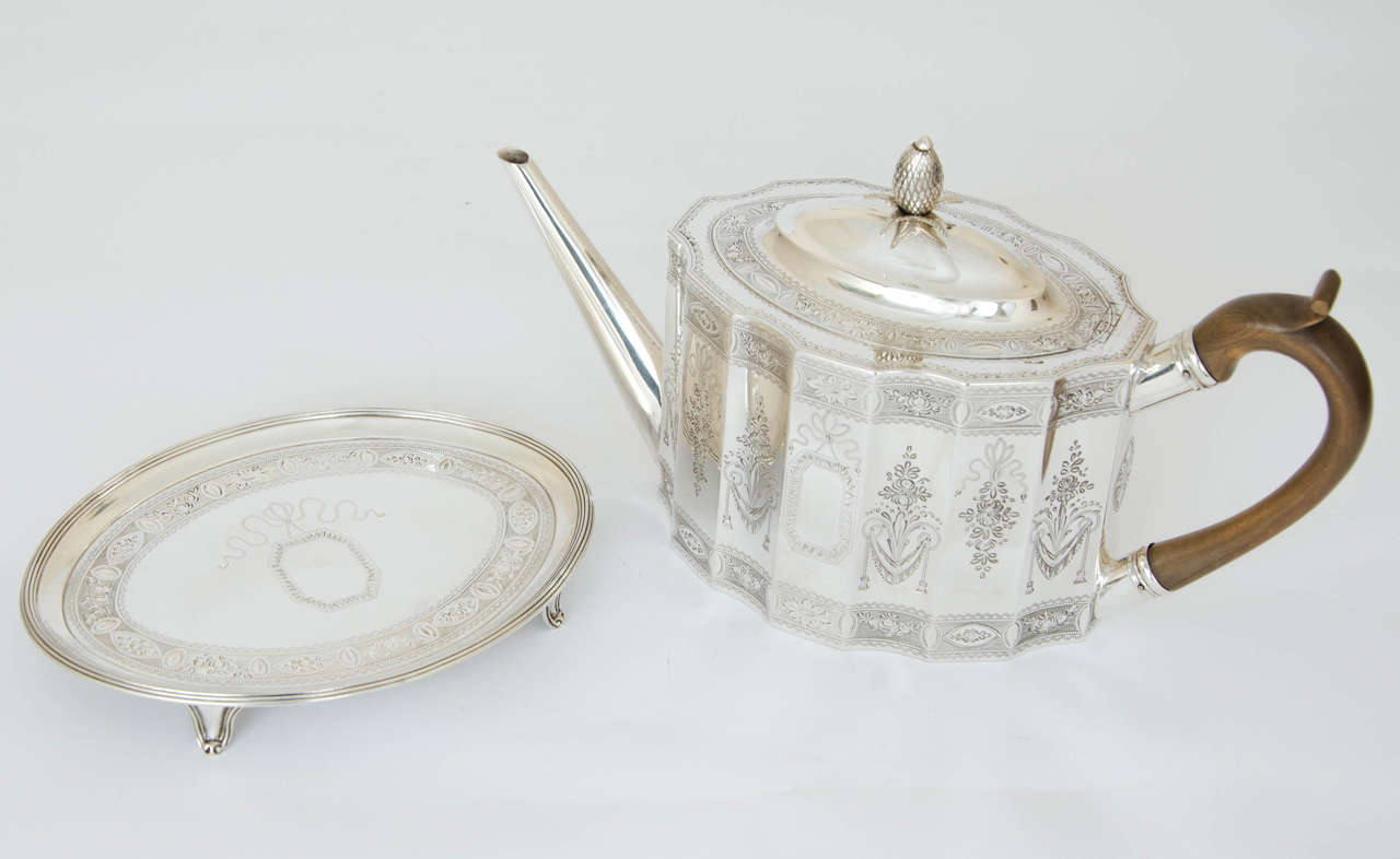 Late 18th Century Sterling Tea Pot Made by C. Bland and Tea Pot Stand by Hannam & Crouch in 1788 For Sale