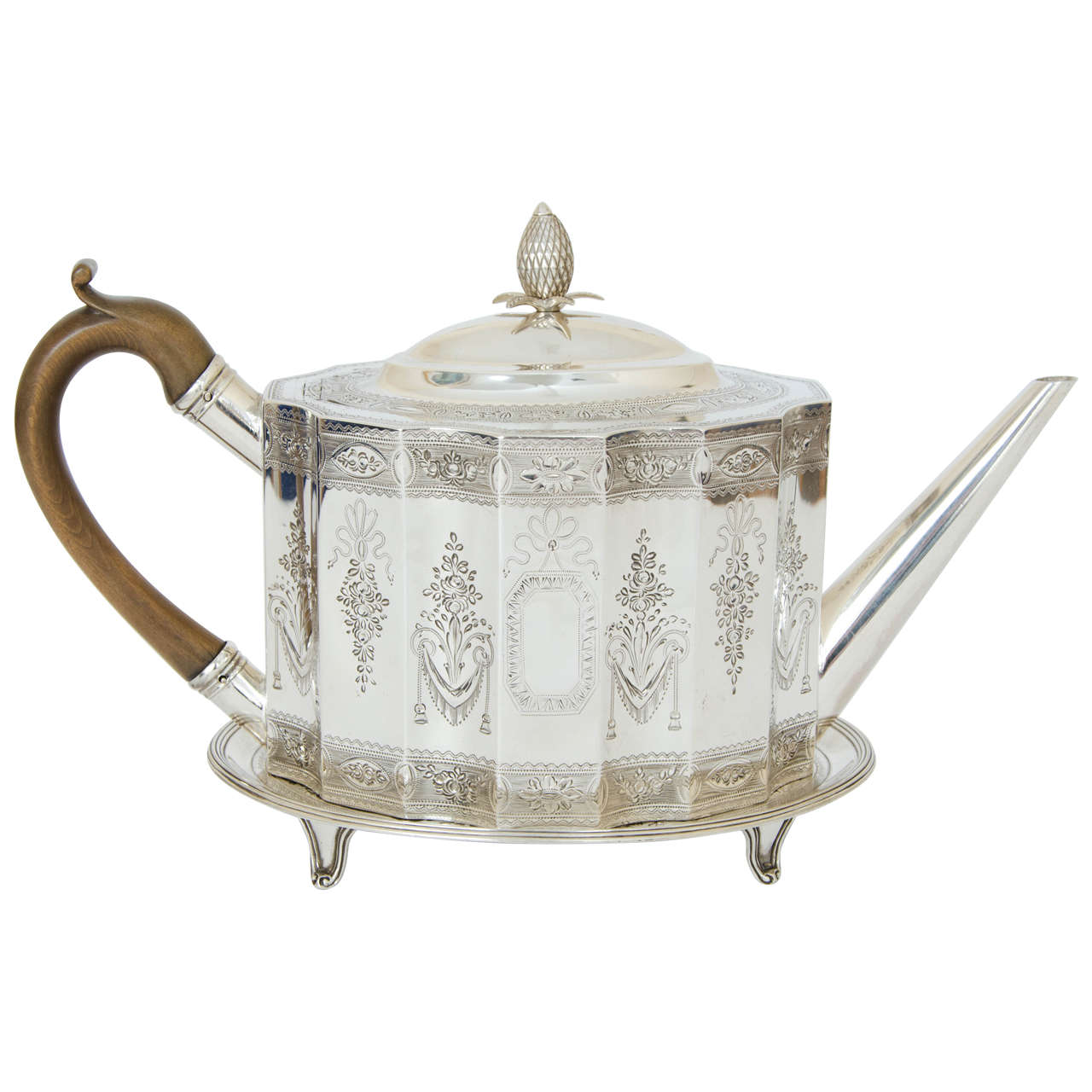 Sterling Tea Pot Made by C. Bland and Tea Pot Stand by Hannam & Crouch in 1788 For Sale