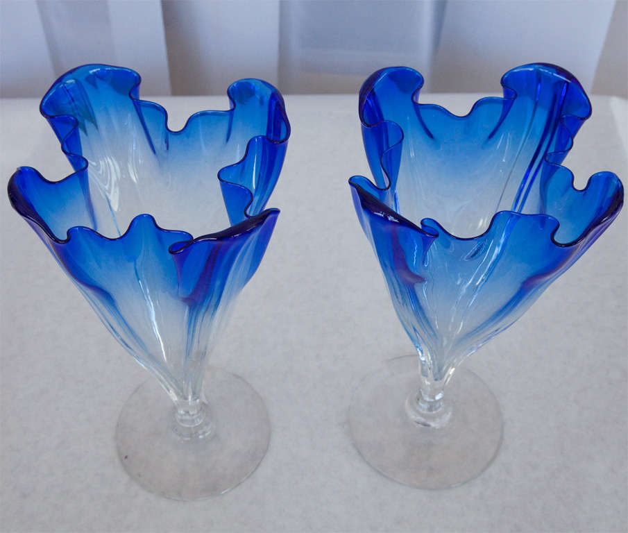 American Pair of Colbalt to Clear Vases by Steuben