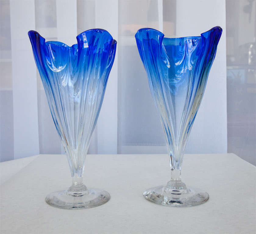 20th Century Pair of Colbalt to Clear Vases by Steuben