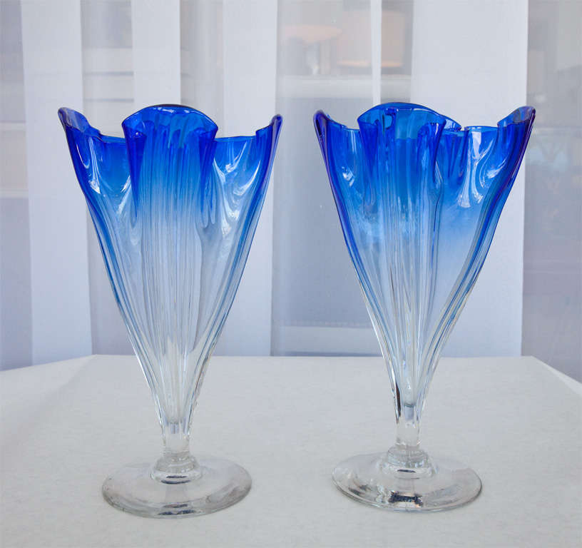 Blown Glass Pair of Colbalt to Clear Vases by Steuben