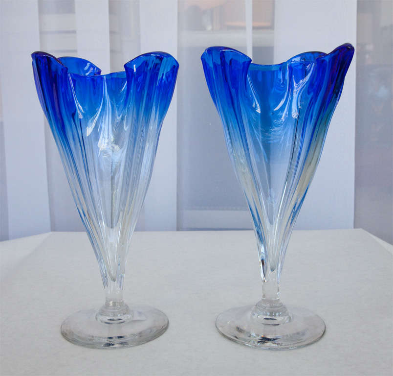 Pair of Colbalt to Clear Vases by Steuben 1