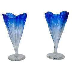 Pair of Colbalt to Clear Vases by Steuben