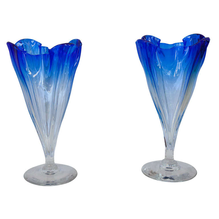 Pair of Colbalt to Clear Vases by Steuben