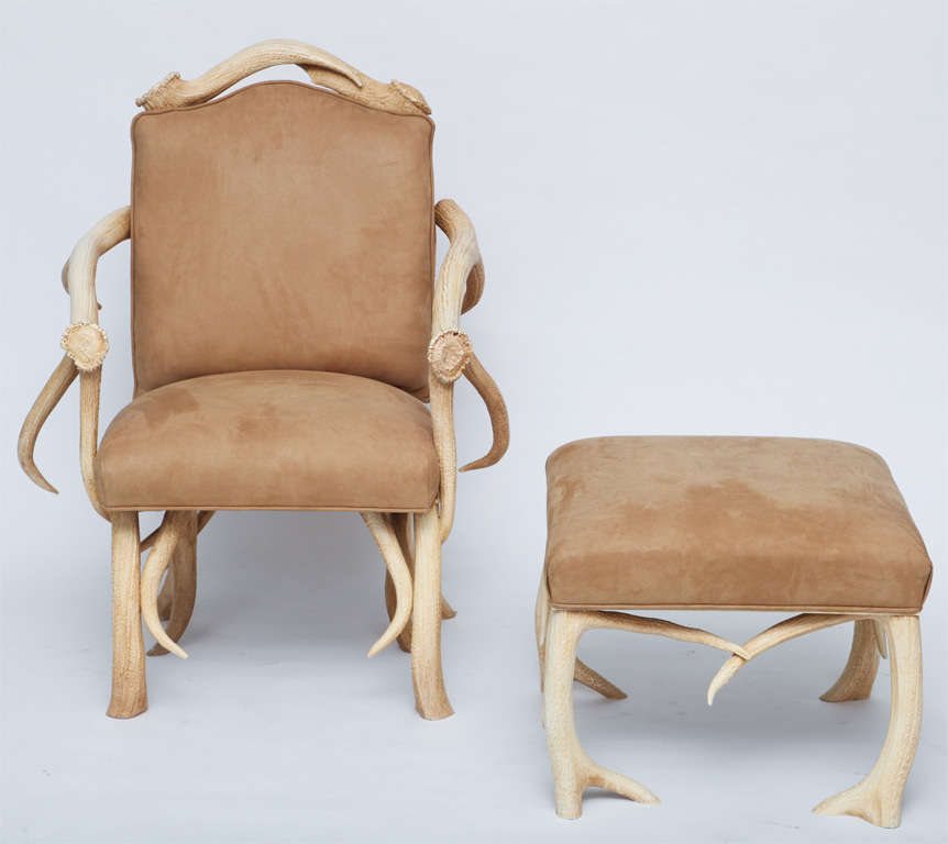 Unique Arm chair and ottoman constructed with horns<br />
Ultra suede upholstery <br />
Chair 42