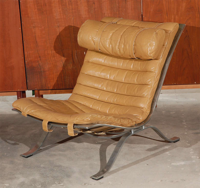 Easy Chair & Foot stool w/Metal Base & Brown Leather Cushions