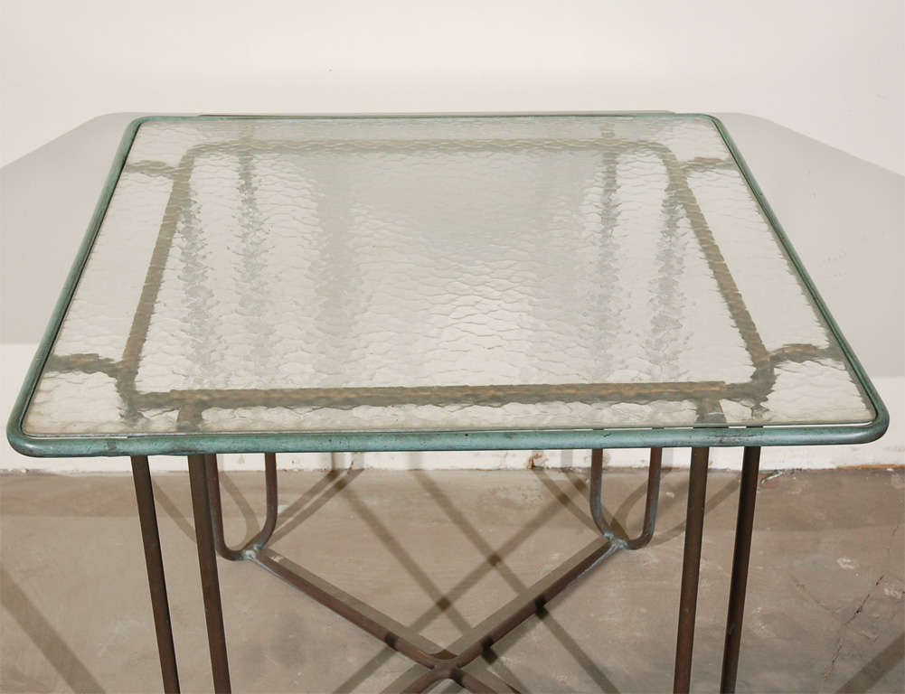 Square Verdigris Bronze Table w/Tubular Frame & Original Tempered Glass Top