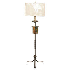 Contemporary  Floor Lamp of French Iron with Colorfully Painted Shield Banner