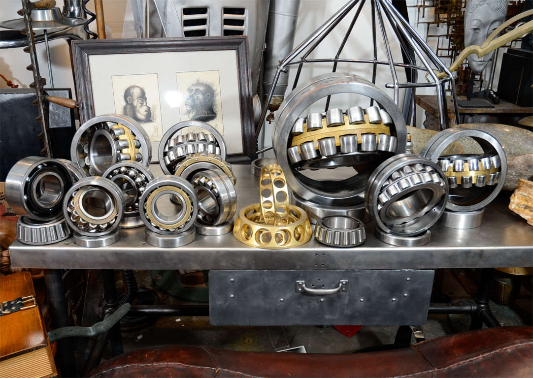 this is a wonderful collection of steel and brass bearings. These can be purchased as a collection or individually. the smallest diameter is 5 inches the largest is 14 inches
