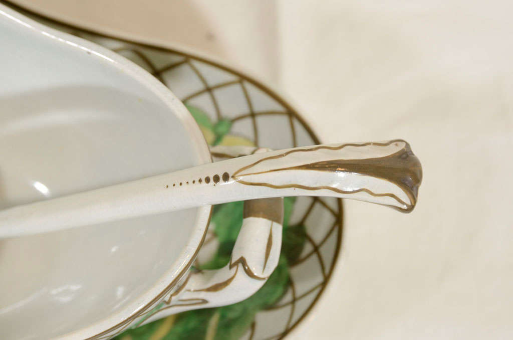 Pottery A Pair of Spode Creamware Sauce Tureens with Stands and Ladles