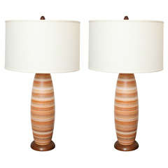 Pair of Orange Striped Ceramic Lamps, Italian c. 1960