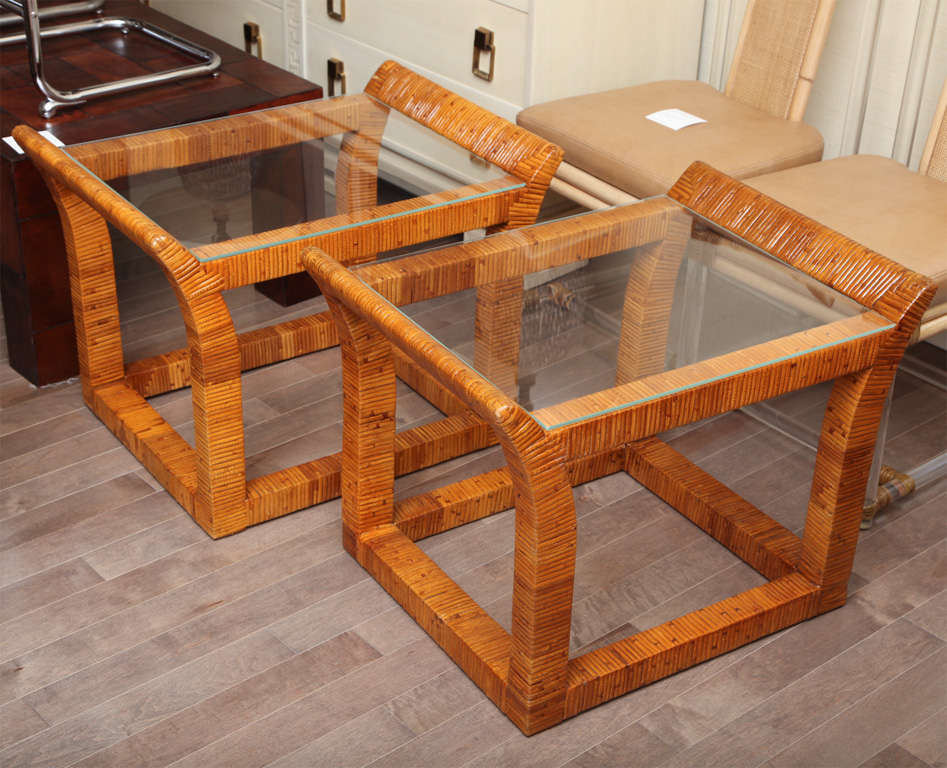 Pair of rattan and glass side tables,  Italian c. 1960