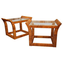 Pair of rattan and glass side tables,  Italian c. 1960
