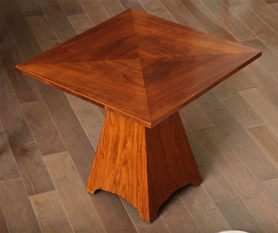 American Square walnut side table with a triangular oak base,  c. 1960 For Sale