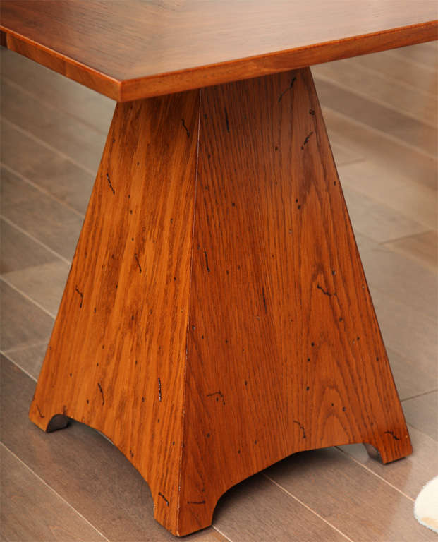 Square walnut side table with a triangular oak base,  c. 1960 For Sale 1