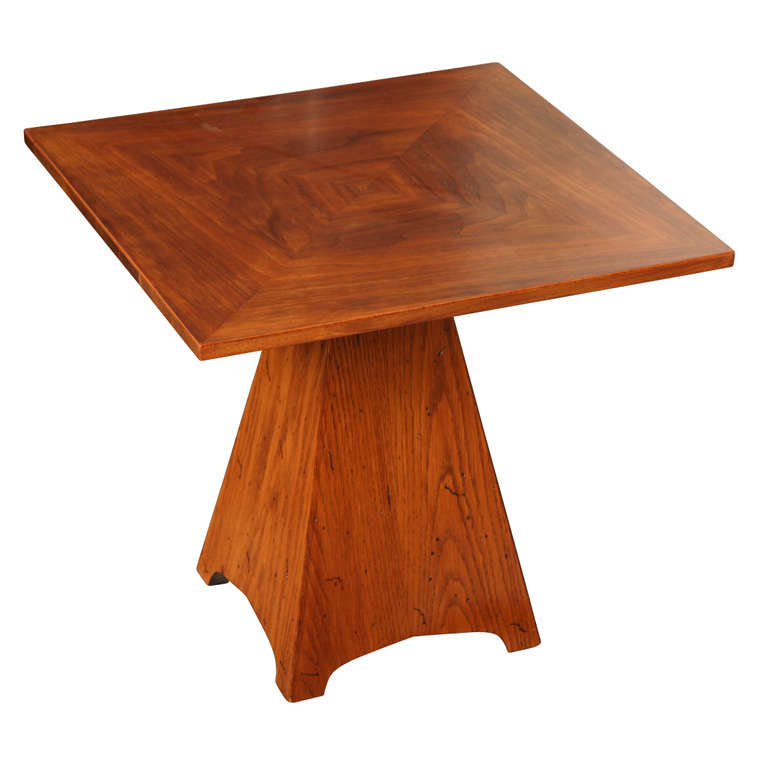 Square walnut side table with a triangular oak base,  c. 1960 For Sale