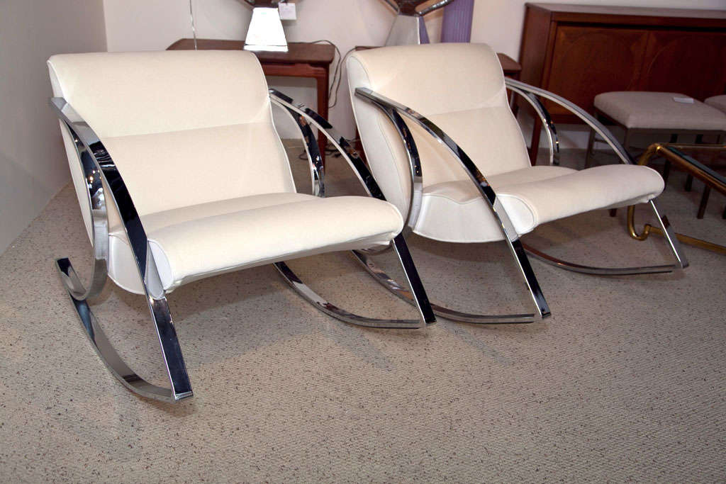 Gorgeous, totally refurbished pair of Milo Baughman attributed Rockers. Extremely comfortable. New Foam and New fabric. Chrome is very shiny with no oxidation.