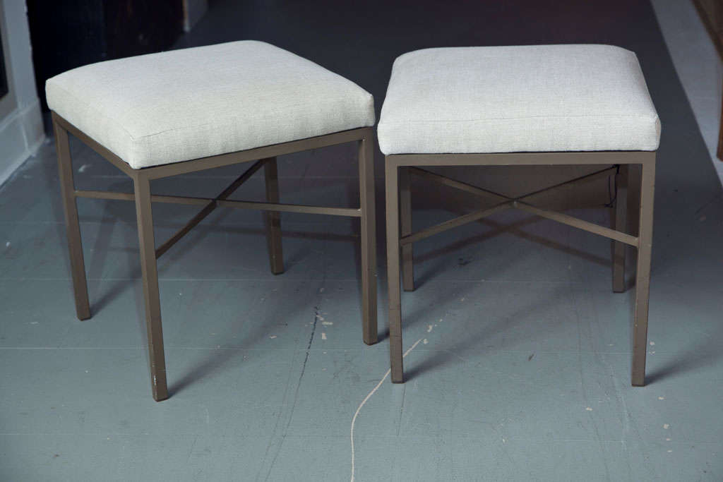 Pair of Weinberg stools reupholstered with beige/grey linen fabric. Excellent for extra seating.