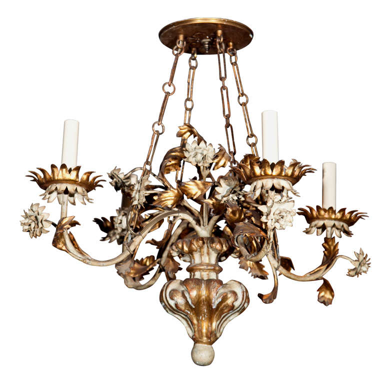 Gilt Wood and Tole Chandelier For Sale
