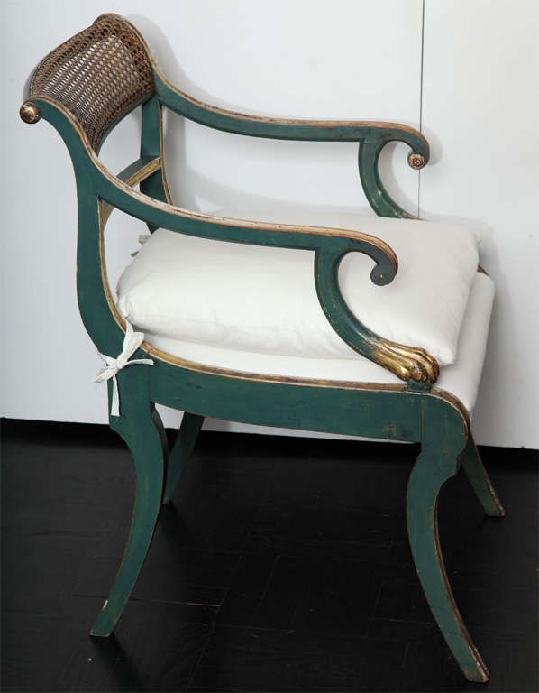 French 19th C. Green Painted &  Giltwood Open Arm Chair